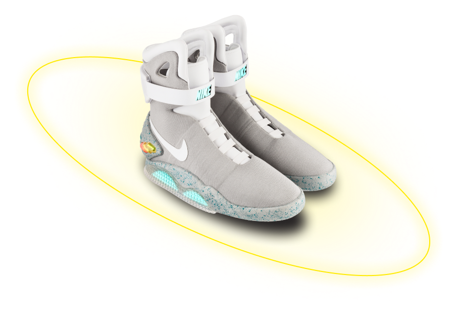 Кроссовки Nike Air Mag с голубой подошвой, серые с жёлтым кольцом вокруг